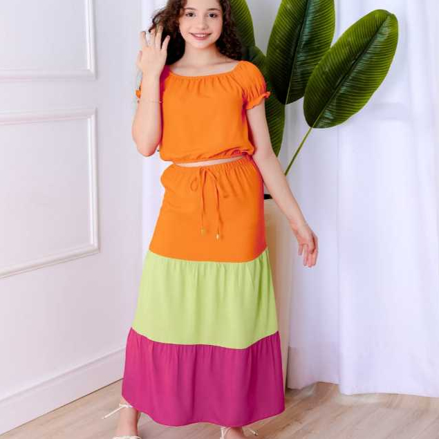 Conjunto Infantil Menina Saia Longa com Blusa Estampada Moda Kids Casual Festa Passeio Estiloso primavera verão*