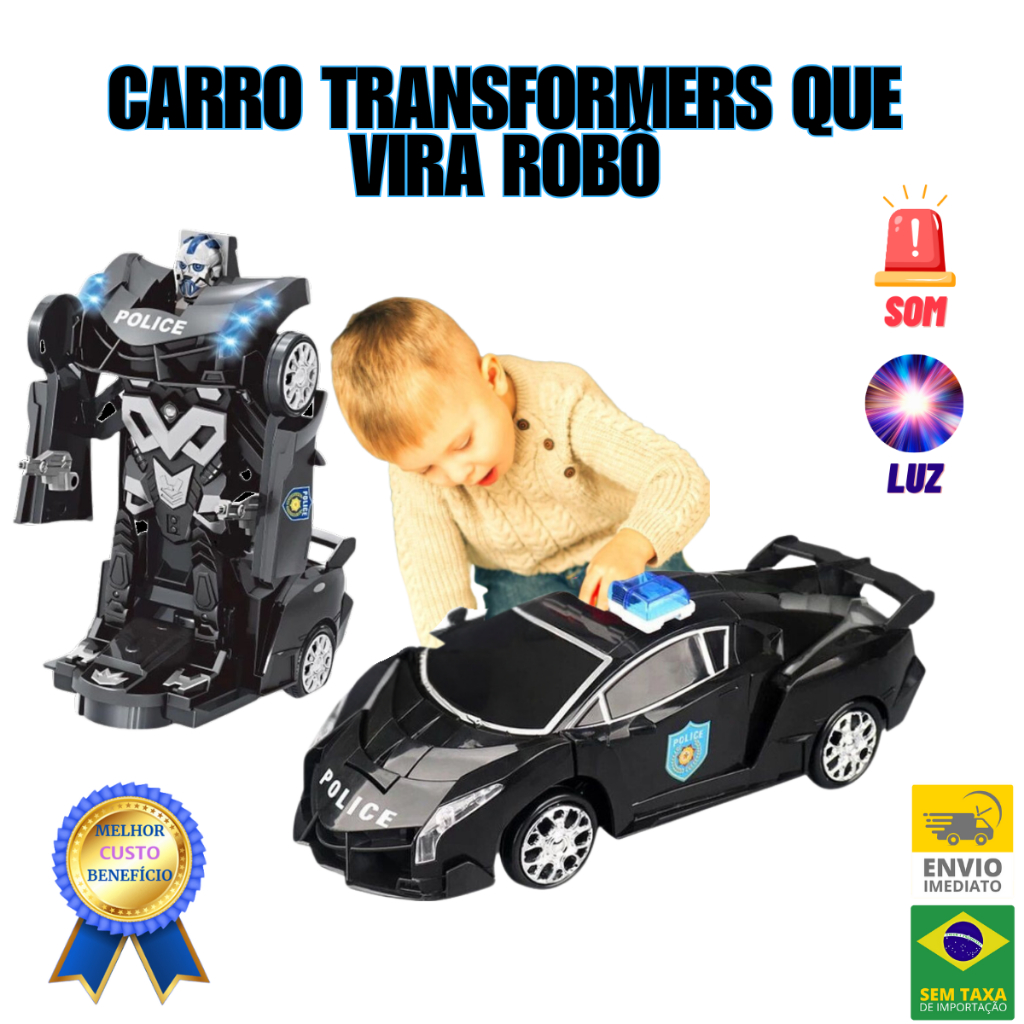 Carrinho de Policia Venon Transformes Vira Robô 2 em 1 Bate e Volta Luz e Som