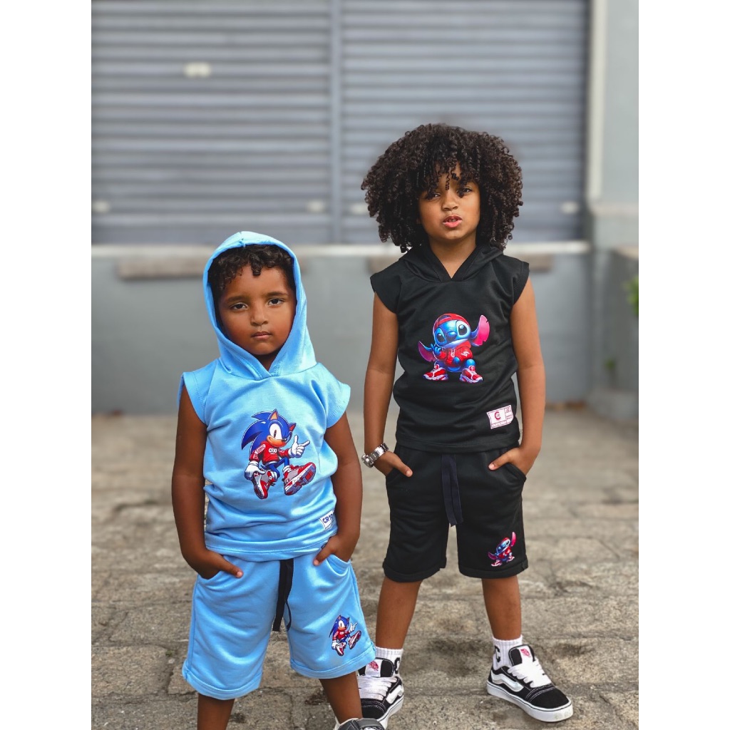 Detalhes do Conjunto stitch masculino personagens roupa infantil estilosa short e camisa mauricinho
