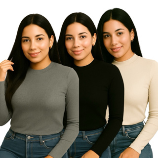 KIT 3 BLUSAS  OU 1 UNIDADE FEMININA SEGUNDA PELE MALHA CANELADA GOLA REDONDA MANGA LONGA MALHA ALGODÃO em Oferta na Shopee