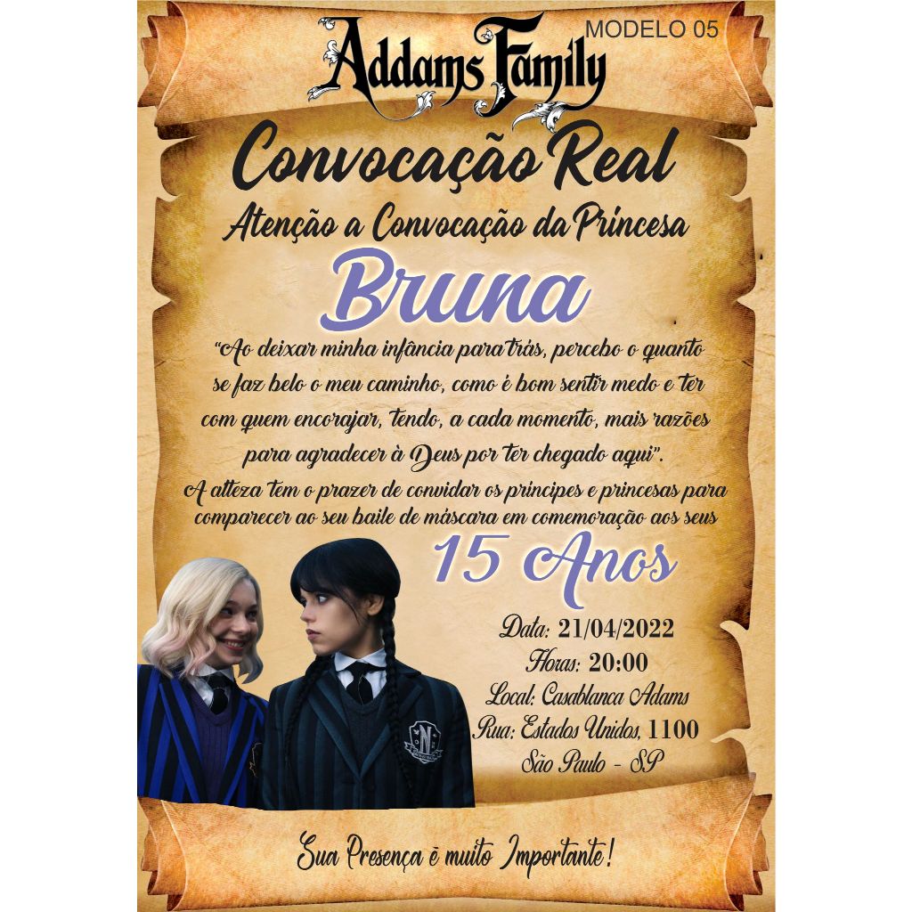 Convite Pergaminho Tema Wandinha Addams Festa Debutante 15 Anos + Convites Individuais