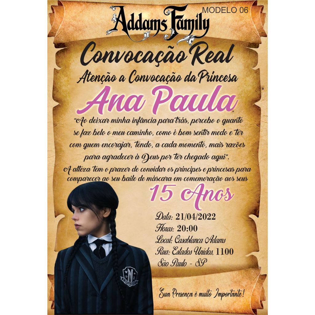 Convite Festa 15 Anos Wandinha Addams - Convite Debutante Pergaminho + Convites Individuais