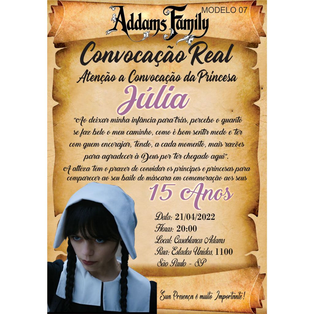 Convites Pergaminho Debutante Festa 15 Anos Tema Wandinha Família Addams + Convites Individuais