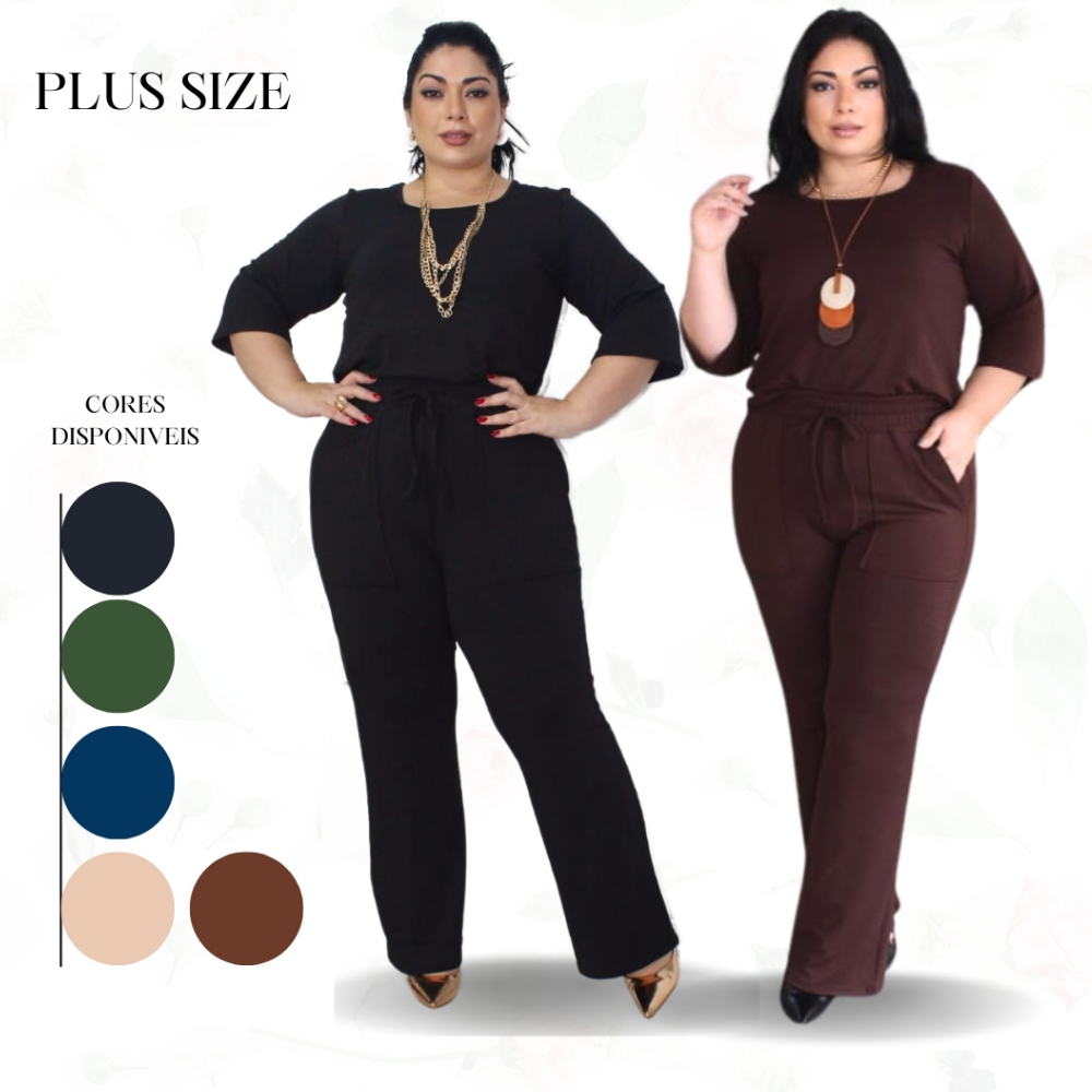 Conjunto Moletinho Plus Size Feminino  Blusa 3/4 + Calça Pantalona Mais Vendida