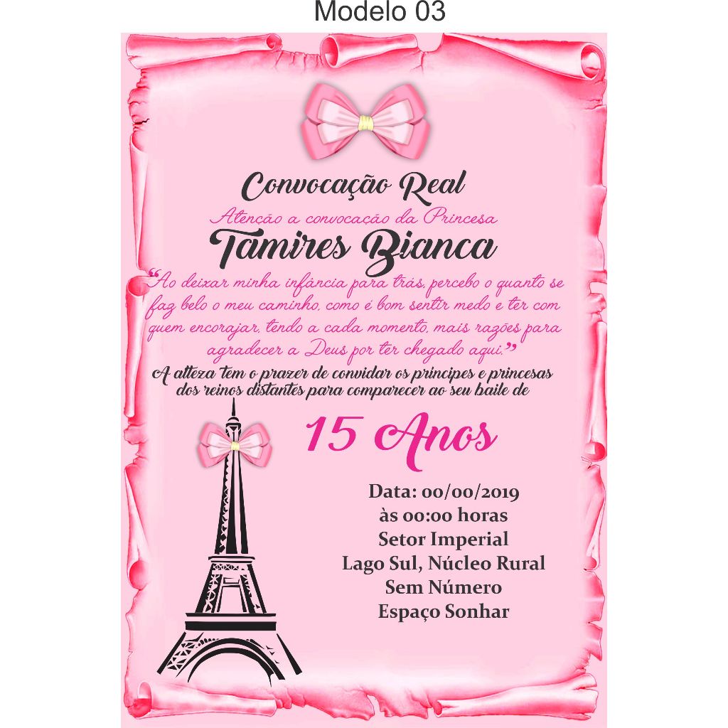 Convite Festa 15 Anos Paris - Convite Debutante Paris Rosa - Convite Paris Pergaminho + Individuais