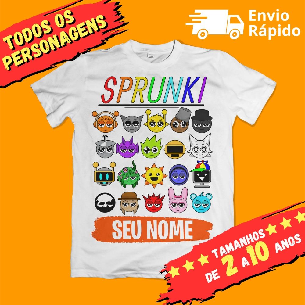 Camiseta Infantil Unissex Sprunki com Nome (opcional) Todos os Personagens em Oferta na Shopee