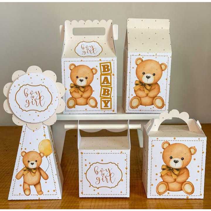 Kit Festa Chá Revelação Ursinho Dourado l Personalizados l Lembrancinha para Festa l kit Caixas Personalizadas
