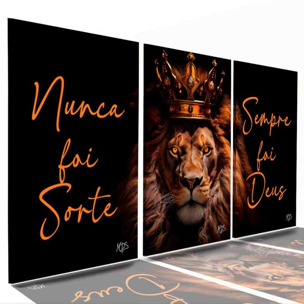 Quadros Decorativos Leão Rei Coroa Frase Religiosa Sempre Foi Deus Kit 3 Peças Sala Quarto