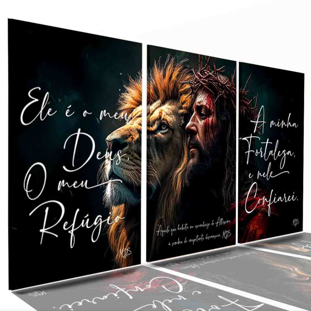 Kit 3 Peças Quadro Decorativo Leão Rei de Judá Religioso Jesus Cristo Frase Salmo Ele é Meu Deus em Oferta na Shopee