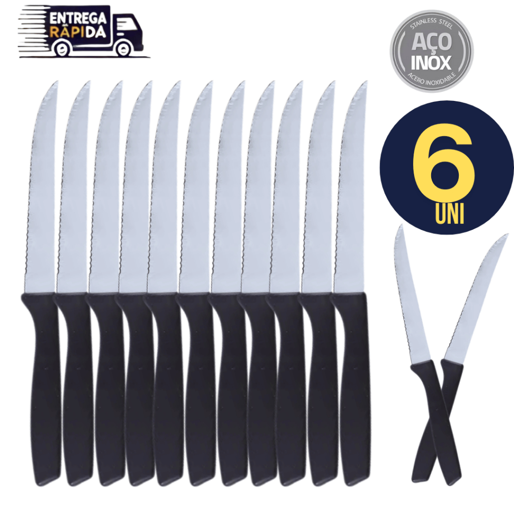 Kit 6 Unidades Talher Linha Colorida 6 Faca Facas Linha Premium Cabo Plástico Inox Cozinha Variáveis Qualidade Máxima