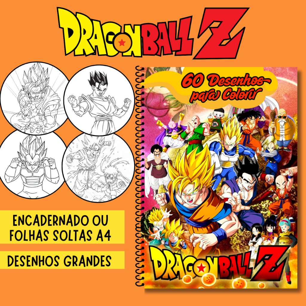 Caderno de Desenhos para Colorir DRAGON BALL Z GOKU - 60 Desenhos Grandes (1 por folha) - Livro para colorir, infantil