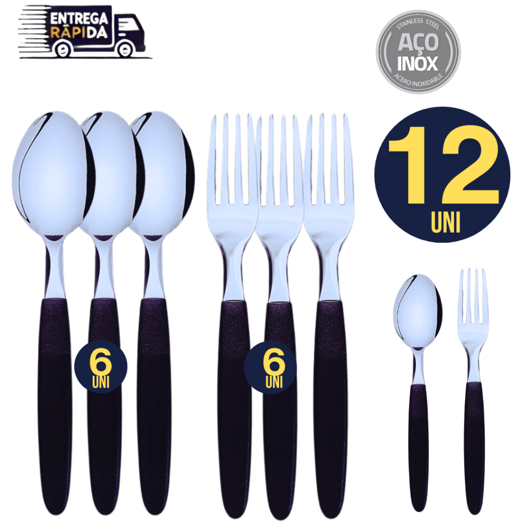 Jogo Kit 12 Talher Linha Colorida 6 Colher 6 Garfo Premium Cabo Plástico Mesa Cozinha Churrasco Variáveis Utilidades