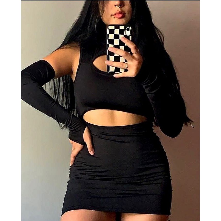Vestido com recorte e luvas em Oferta na Shopee