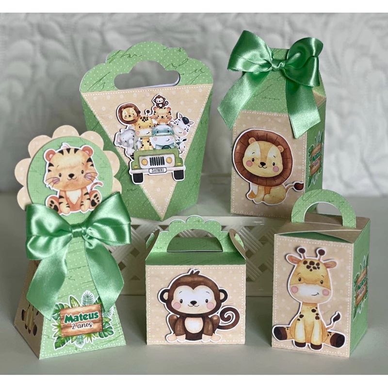 JÁ MONTADAS 20 Caixinha com LAÇO SAFARI Papelaria Personalizada - Lembrancinha para Aniversário