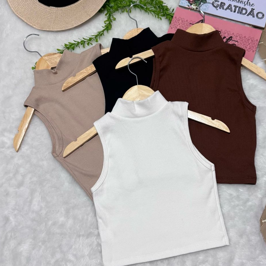 Cropped Blusa Feminina Gola Alta Malha Canelada  RIBANA  tendencia moda inverno