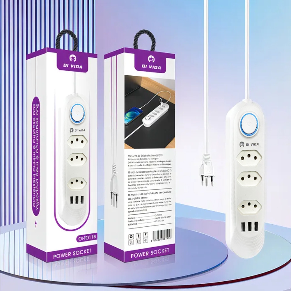 Régua Filtro de Linha Extensão de Tomada 3 Tomadas de 3 Furos e 3 Usb com Cabo de 2M Bivol...