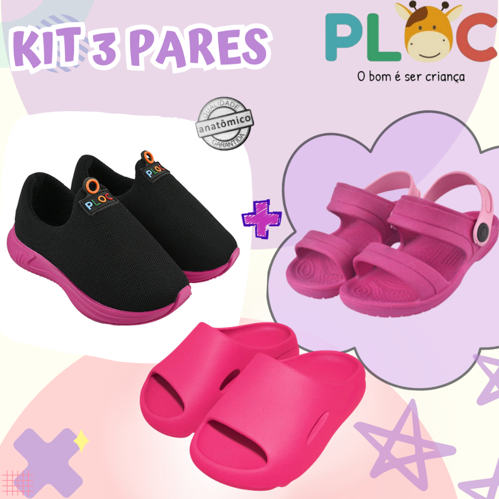 Kit 3 Pares: Tênis Calce Fácil P26 Menina + Papete + Chinelo Ploc - Casual Verão em Oferta na Shopee