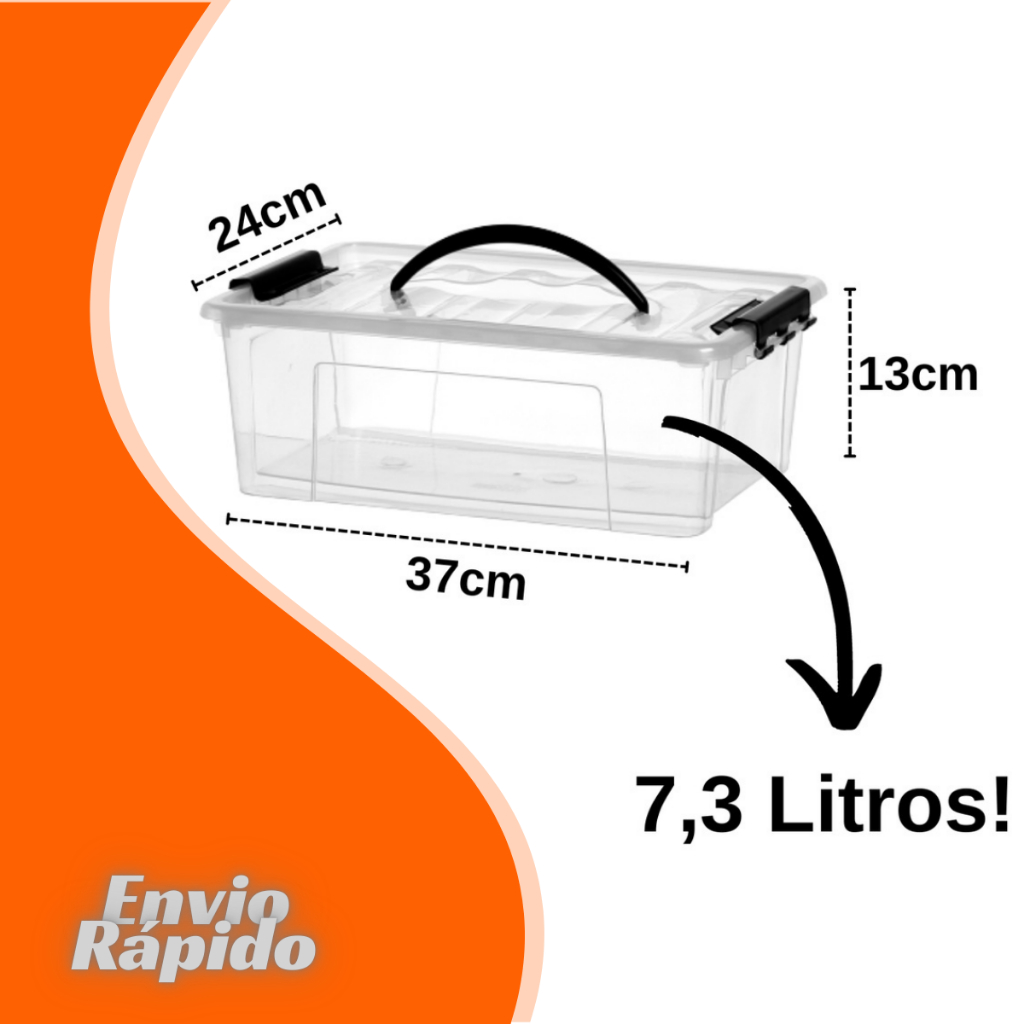 3 X Caixa Container Transparente 7,3 Litros Cesto Plástico Organizador Multiuso Tampa Trava Alça 7L