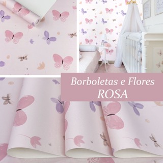 Papel de Parede Importado Rolo 10 metros x 53cm Desenho Infantil Quarto menina Borboletas Fundo Rosa - Cola Inclusa em Oferta na Shopee
