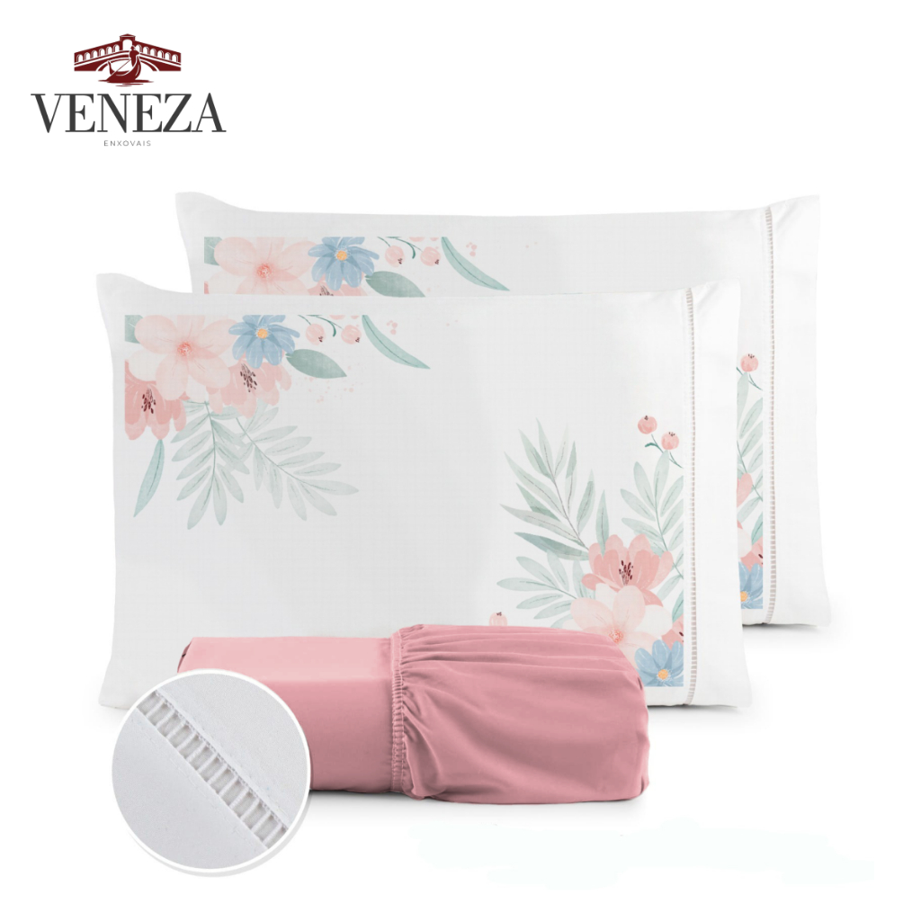 Kit Jogo de Lençol Fronha Estampada Micropercal 400 Fios Ponto Palito