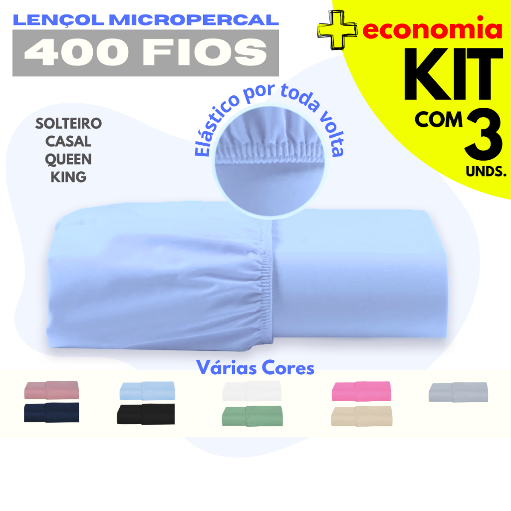 Kit com 3 Lençol AVULSO Micropercal Liso 400 Fios - Solteiro / Casal / Queen / King