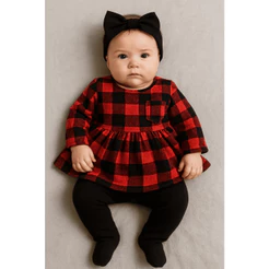 Conjunto bebê vestido xadrez ou camisa xadrez 3 peças
