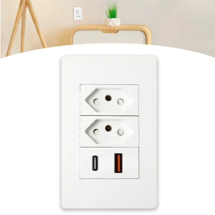 Tomada De Parede Dupla Embutir 1 Entrada USB E 1 Entrada USB Tipo C Bivolt 10a Branco