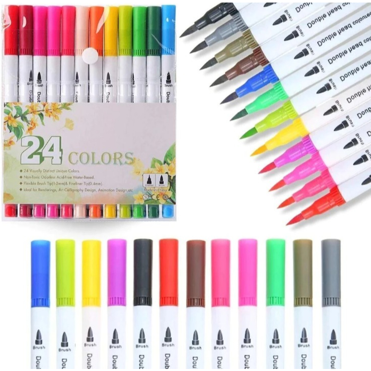 Kit 24 Canetinhas 2 Em 1 Ponta Brush E Ponta Fina Para Colorir Duas Pontas