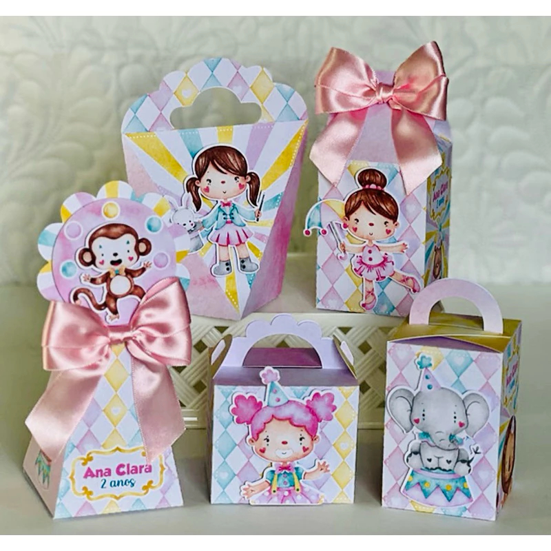 JÁ MONTADAS  20 Caixinha com LAÇO CIRCO ROSA Papelaria Personalizada - Lembrancinha para Aniversário