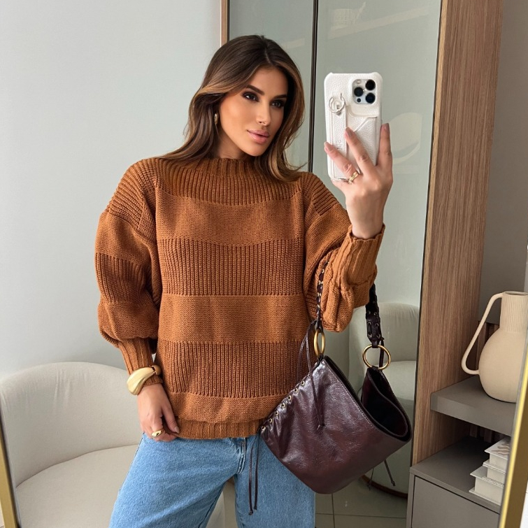 Blusa Manga Longa Bufante Puf Inverno Over Size Moderno Tricot