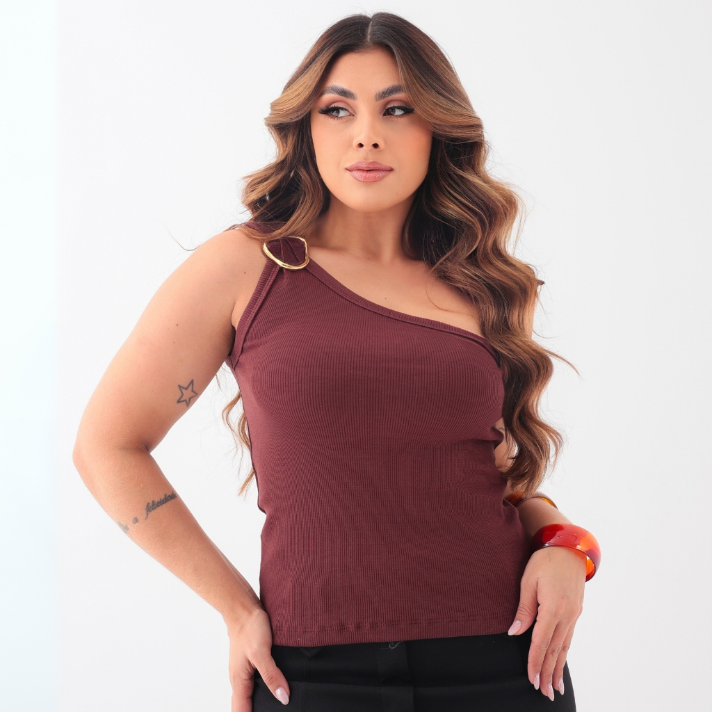 Blusinha Feminina Ribana Canelada Premium Manga nula ombro Só com Fivela Orgânica Tendência Camiseta