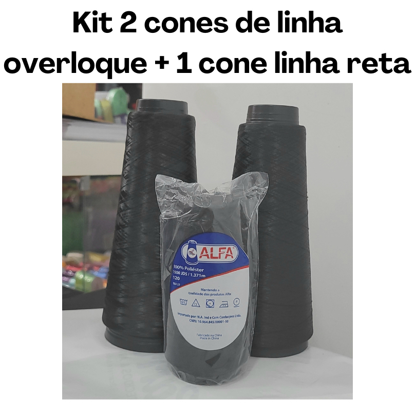 Kit 2 cones de linha fio overloque + 1 cone linha reta Alfa para costura