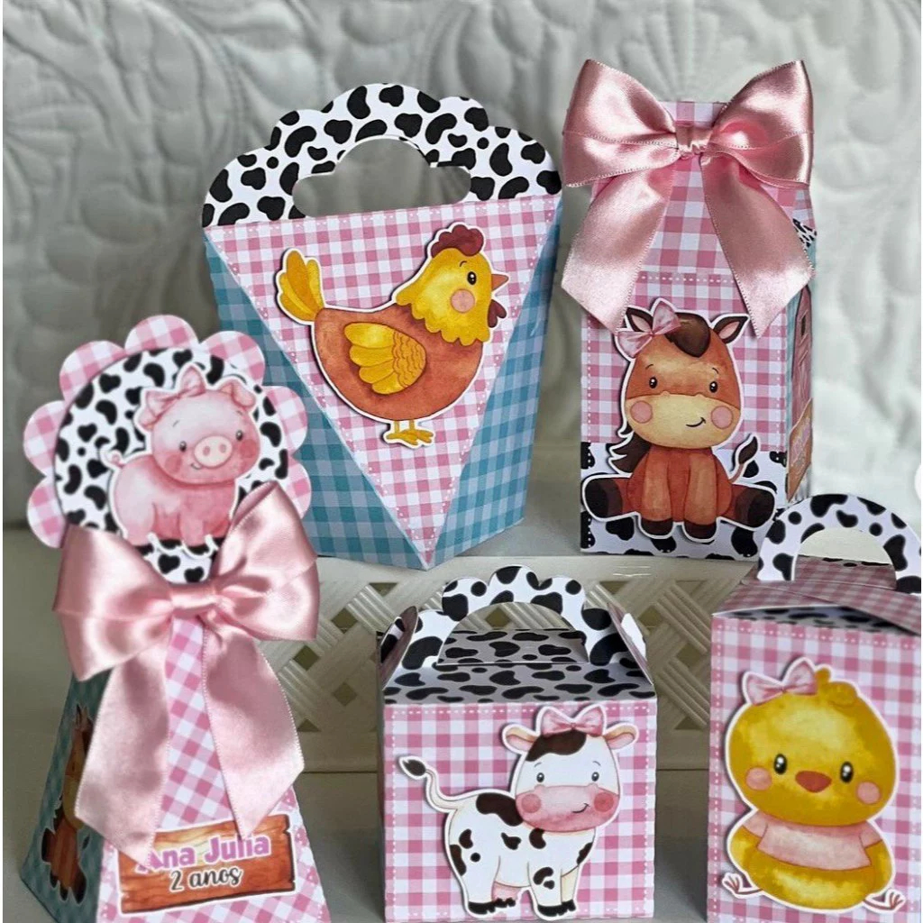 JÁ MONTADAS 20 Caixinha com LAÇO FAZENDINHA ROSA Papelaria Personalizada Lembrancinha de Aniversário