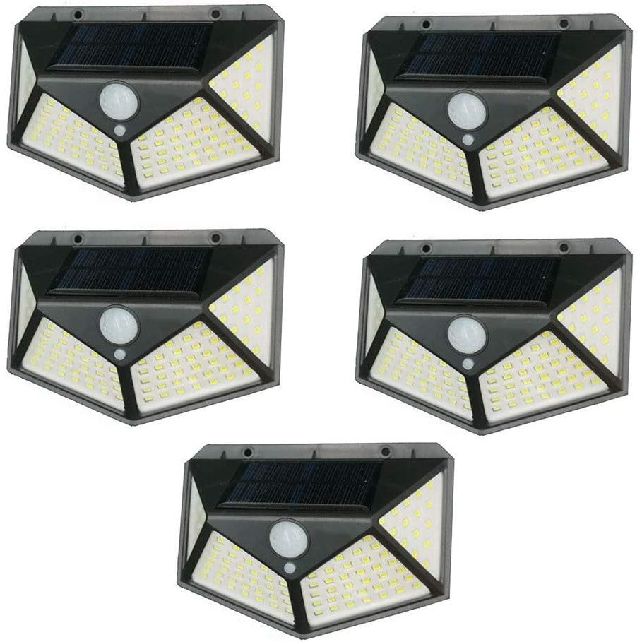 5 Peças Luminária Solar De Parede Refletor 100 Led Sensor Presença Movimento Prova D' Água Com 3 Funções