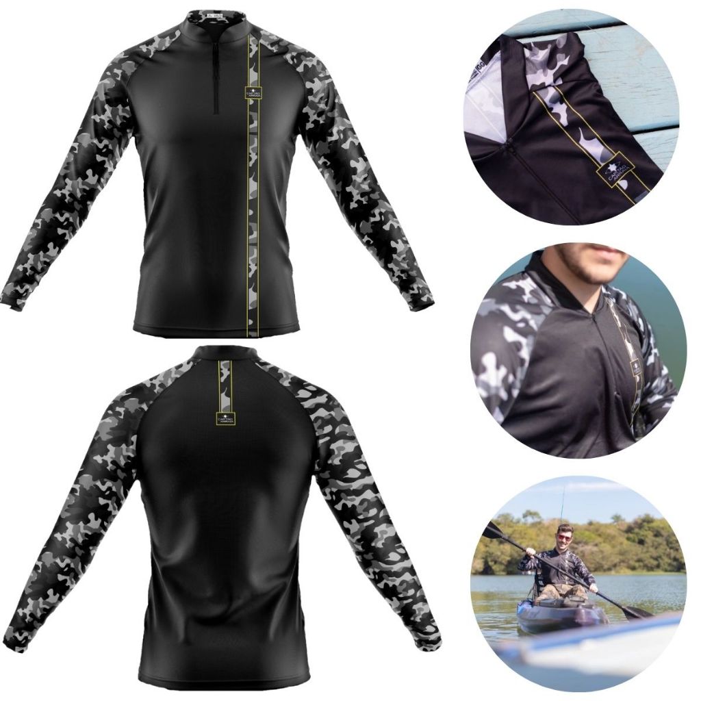 Camisa de Pesca Segunda Pele Capitão Arraia Manga Camuflada Proteção UV 50+ Preta