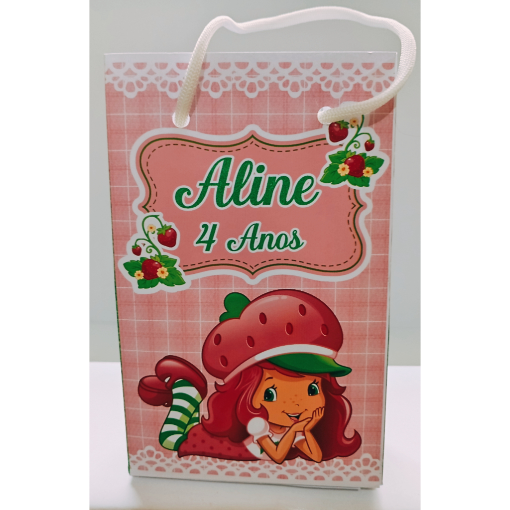 Sacolinha Personalizada Moranguinho para Lembrançinha  Festa Infantil Sacola Surpresa, tamanho PP (15,6 x 9,3 x 4,3 cm).