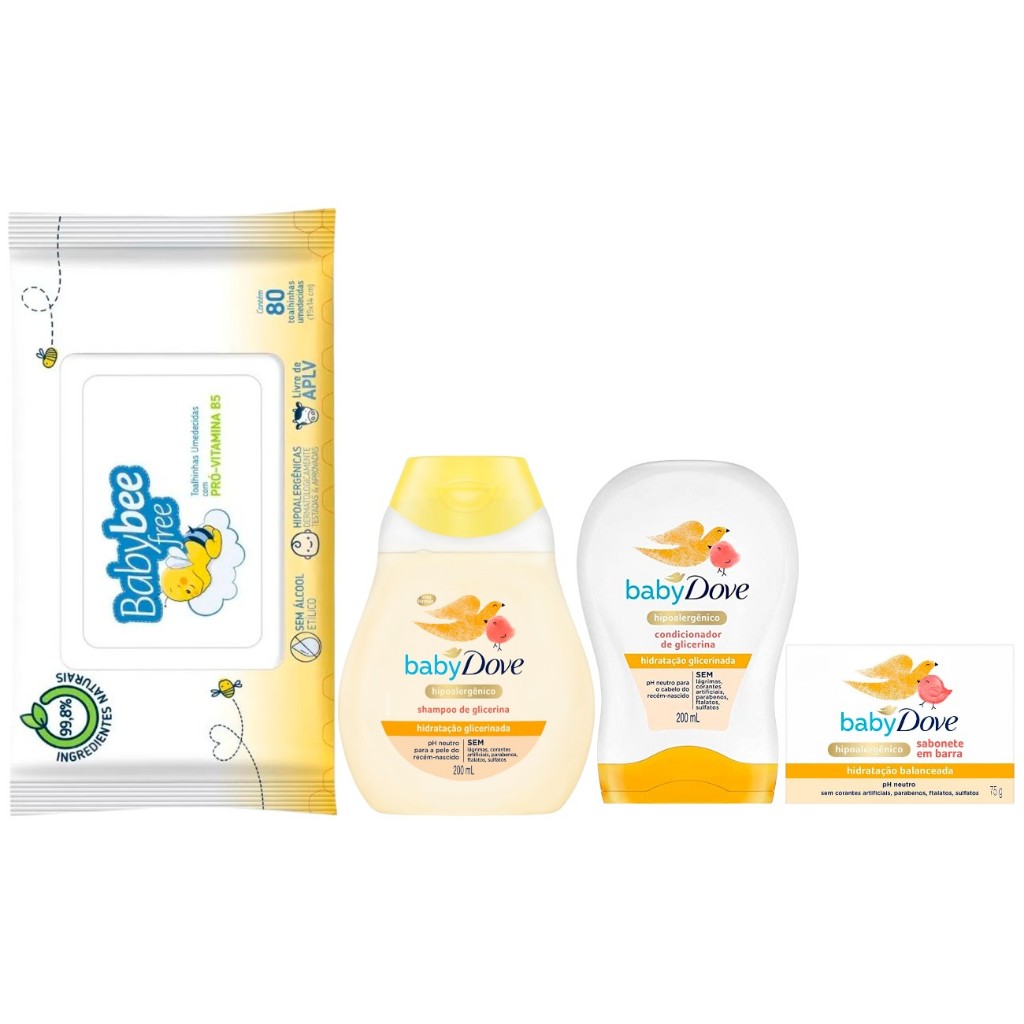 Kit 4un - Shampoo Glicerinada + Condicionador Glicerinada + Sabonete em Barra Dove + Lenços Umedecidos Baby bee 80un