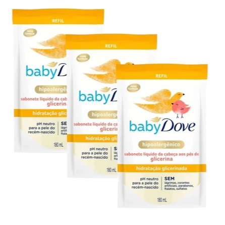Kit com 3 Sabonetes Líquidos Glicerina Baby Dove - 180ml - Escolha Seu Refil