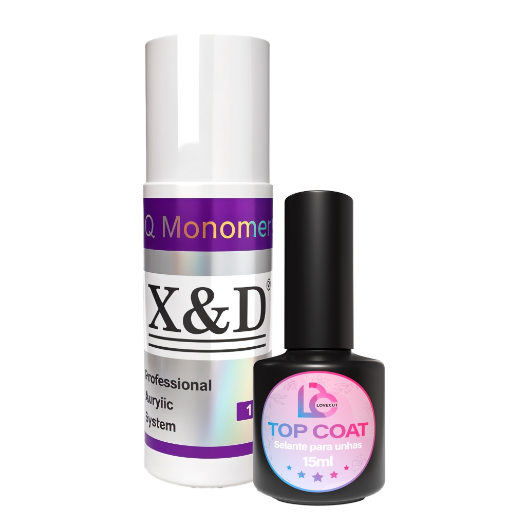 Kit X&D Monomer Acrílico + Top Coat Lovecut Alongamento e Blindagem de Unhas em Gel