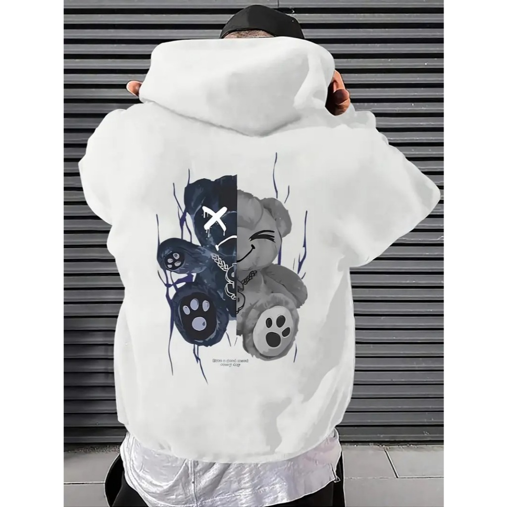 1pc Moletom Masculino Casual de Poliéster com Leve Elasticidade, Estampa de Urso, Moletom com Capuz Solto