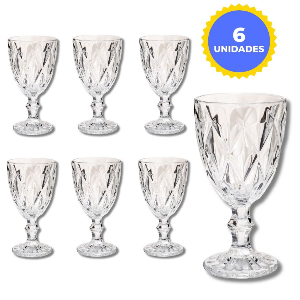 Jogo 6 Taças 330ml  Vidro Diamond Transparente kit 6 Taças