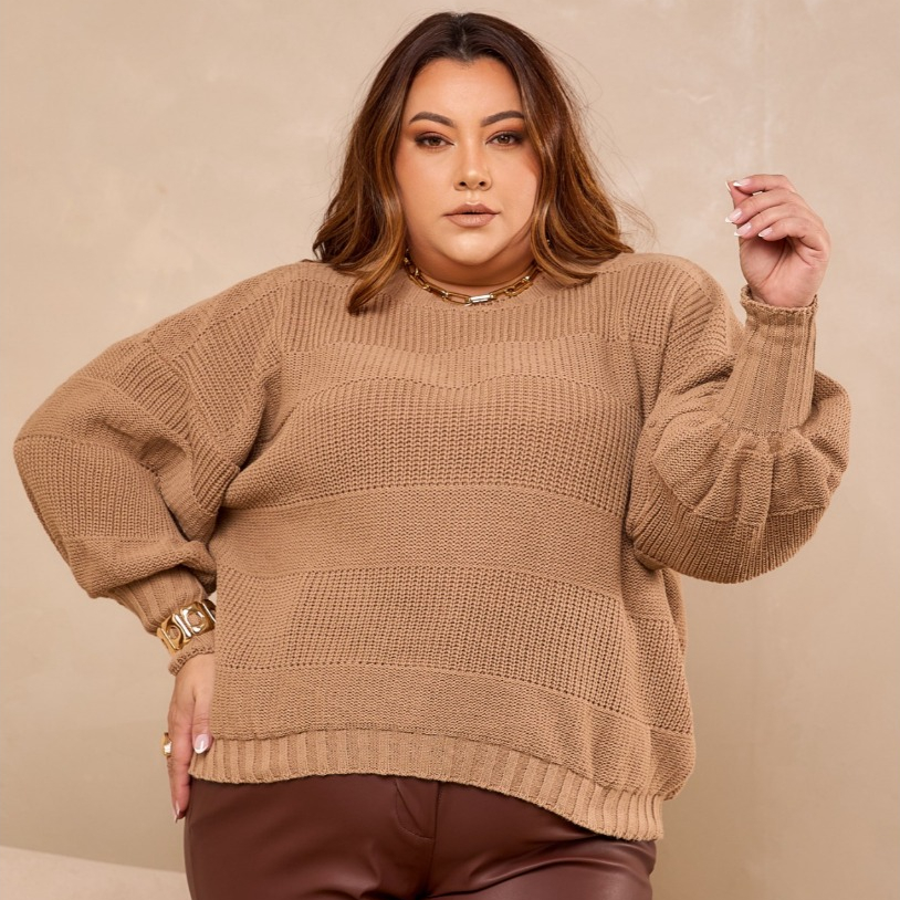 Blusa Feminina Tricô Inverno Plus Size Manga Longa Bufante Ampla Oversize