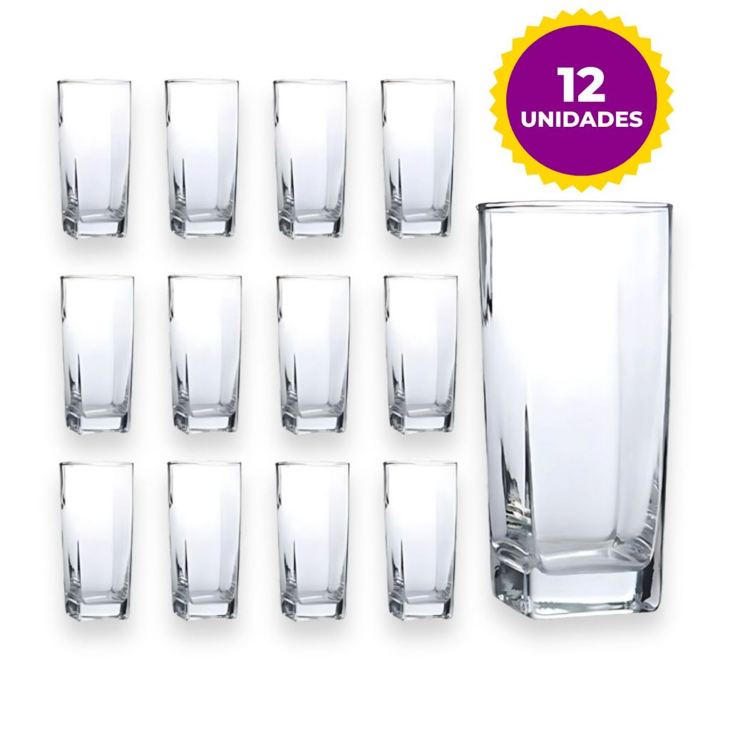 Jogo De 12 Copos Vidro Bali Quadrado Luxo Transparente 320ml