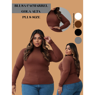 Cacharel Blusa Manga Longa Plus Size G1 44 46 Quentinha Gola Alta Canelada Elegante Premium Estilosa Blusa Marrom em Oferta na Shopee