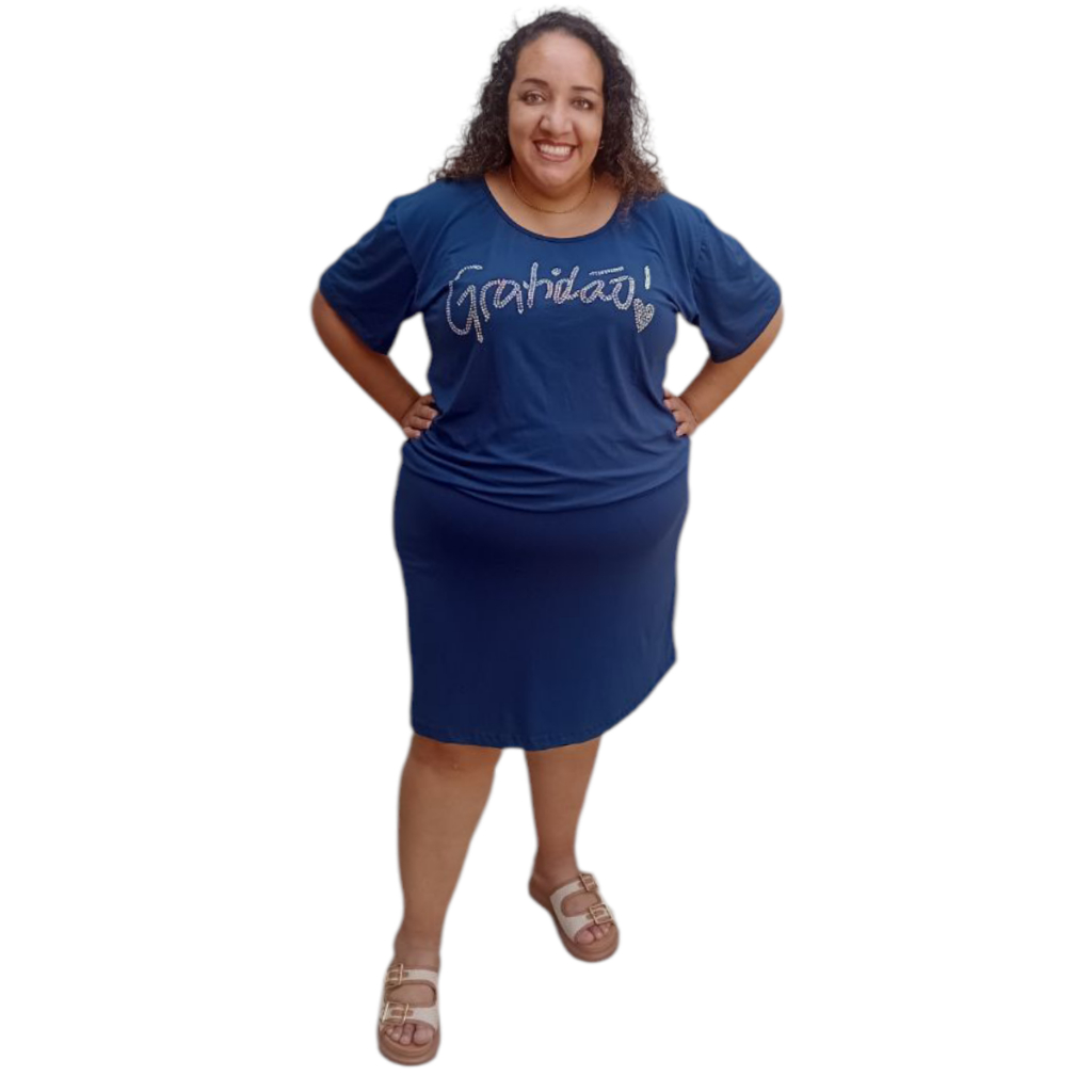 Vestido Manga Curta Plus Size Tamanho 40 ao 64 (M ao G10) Pedraria Gratidão e Elástico na Cintura