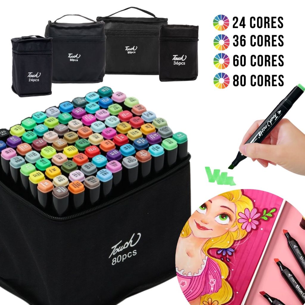 Kit 24/36/60/80 Estojo de Canetinhas Coloridas Ponta Dupla C/ Bolsa Marcador Caneta Touch Pintura em Oferta na Shopee
