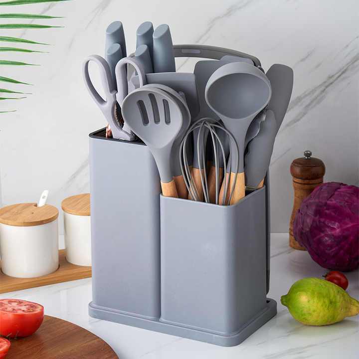 Kit Conjunto 19 Pçs De Utensílios Facas Silicone Cozinha Jogo Completo Batedeira Colher Pegador