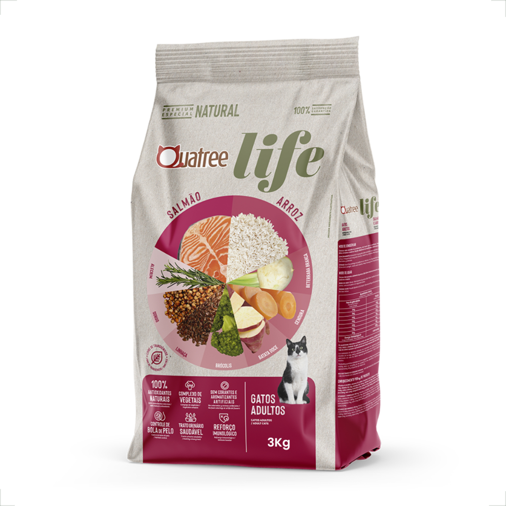 Ração Seca Quatree Life Salmão e Arroz Gatos Adultos - 3 Kg