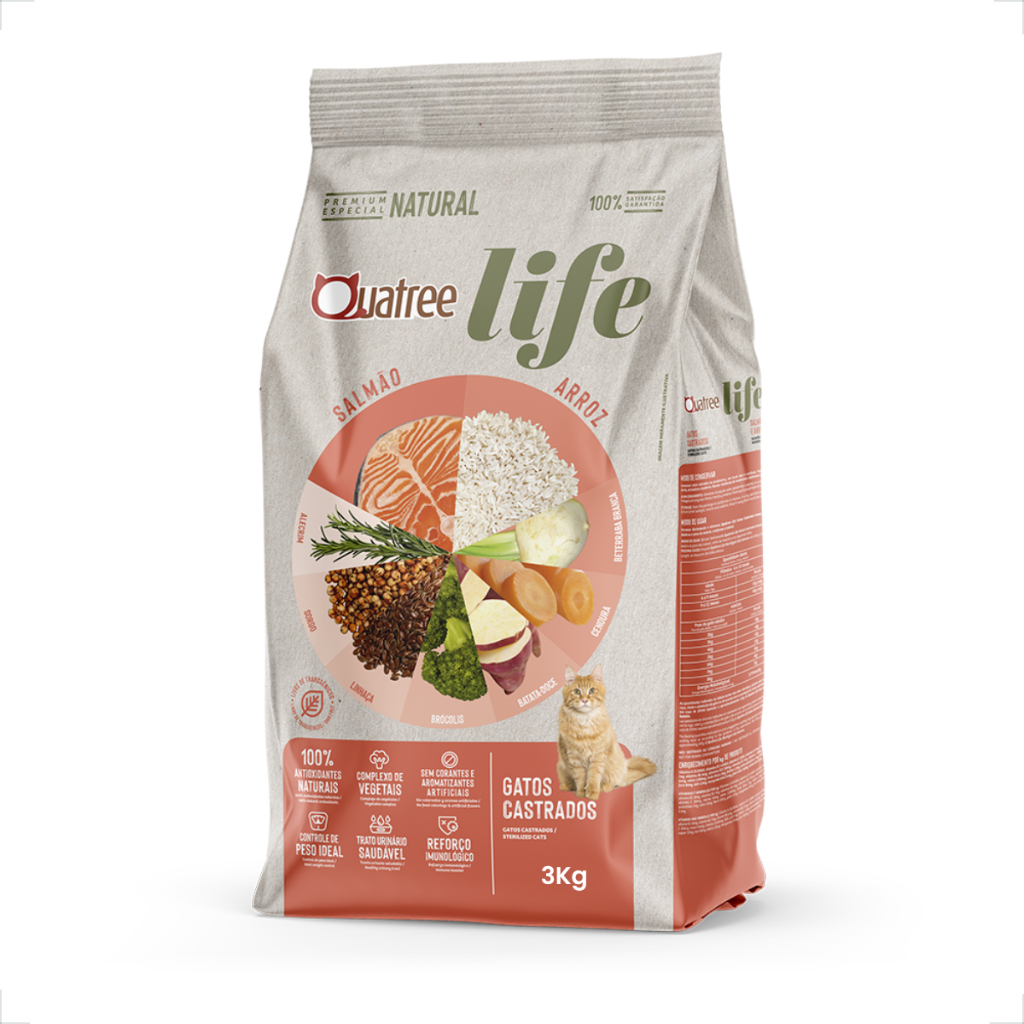 Ração Seca Quatree Life Salmão e Arroz Gatos Castrados - 3 Kg em Oferta na Shopee