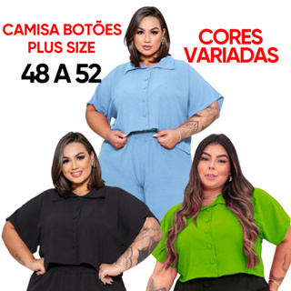 BLUSA ESTILO CAMISA PLUS SIZE MANGA CURTA BOTÕES FORRADOS  TECIDO LEVE DUNA LOOK PLU SIZE em Oferta na Shopee